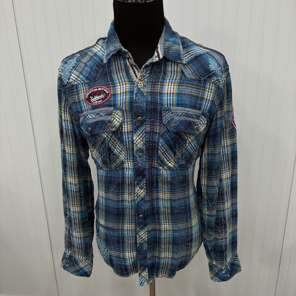 Affliction Black Premium Men's XL Blue Plaid Button Front Flannel Shirt Patches